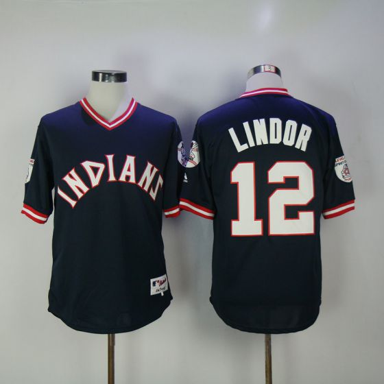 Men Cleveland Indians 12 Francisco Lindor Blue Throwback MLB Jerseys